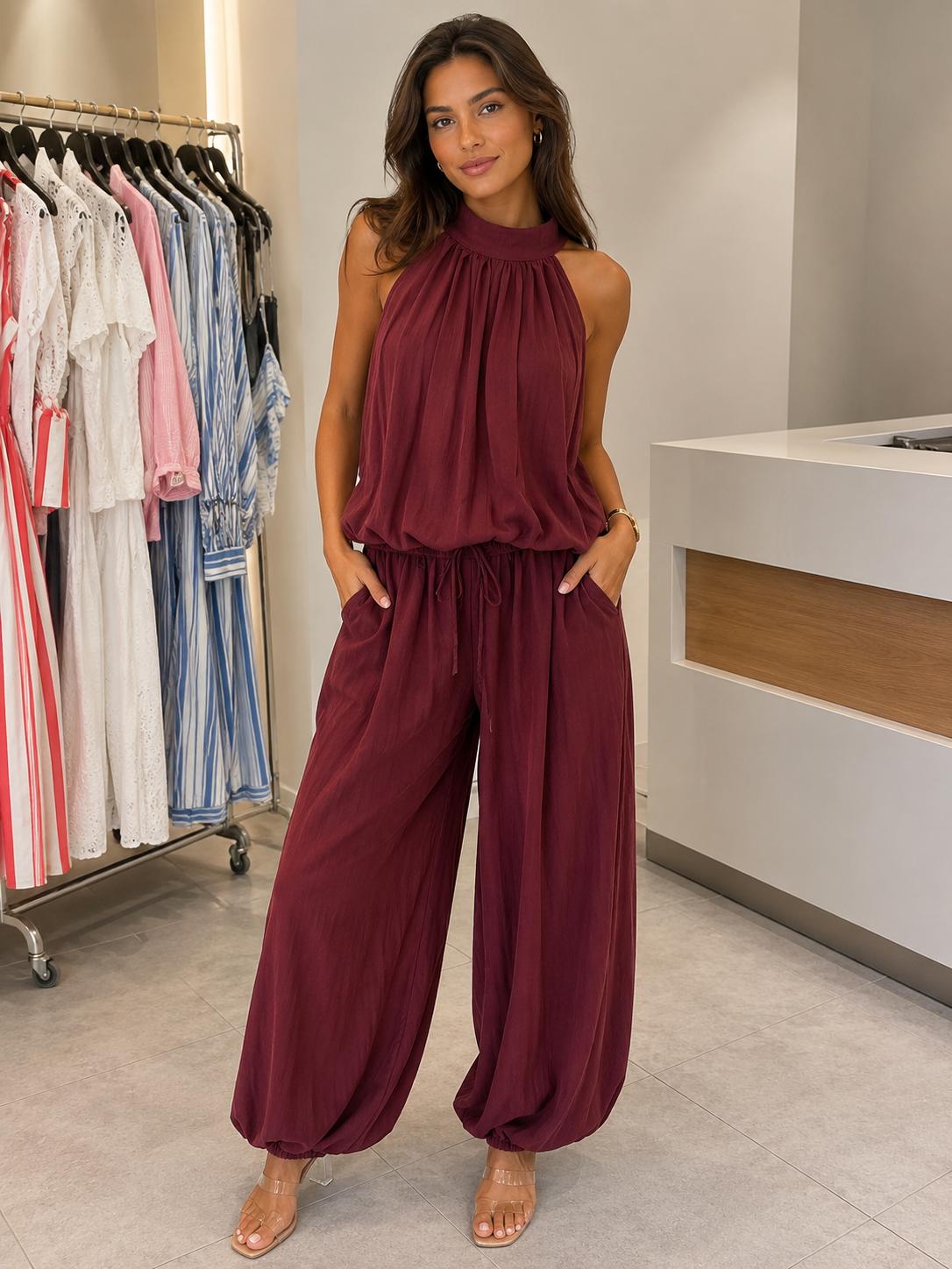 Conjunto Siena burdeos top halter y pantalón palazzo