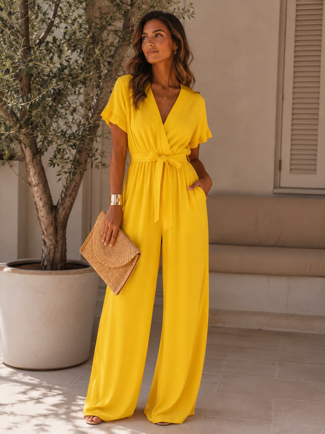 Mono palazzo amarillo escote en V con lazo